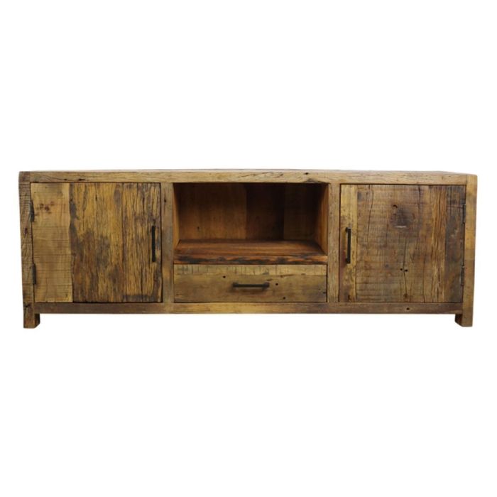 TV-kast Wilshire 160 cm van massief hout met twee deuren, open vak en lade.