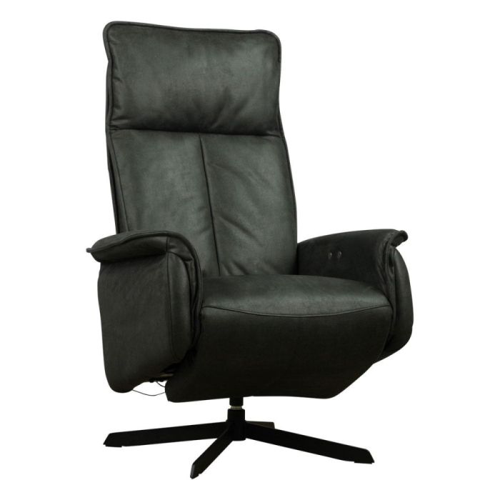 Elektrisch verstelbare relaxfauteuil Wilard in antraciet met hoge rugleuning en zwarte draaivoet.