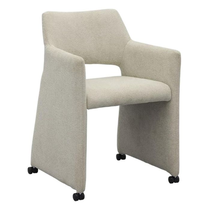 Beige armstoel Jovi met armleuningen en wieltjes schuin van voren