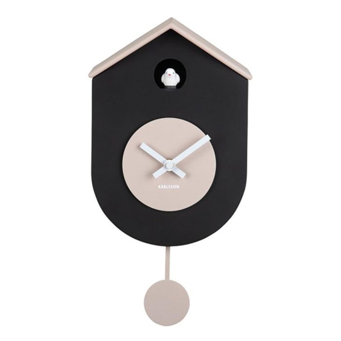 Karlsson Grato Cuckoo wandklok zwart met warmgrijze details en slinger vooraanzicht