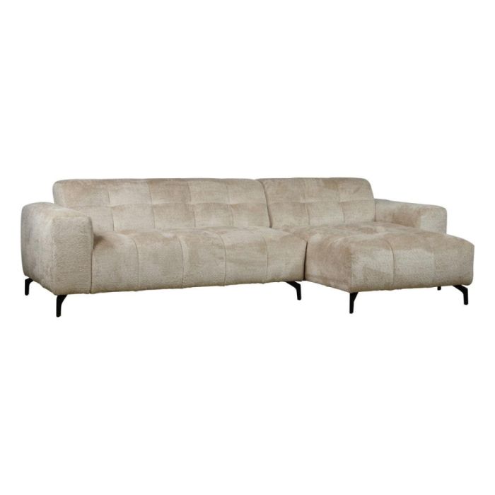 Elementenbank Wisdom in lichte bouclé met chaise longue en zwarte metalen poten.