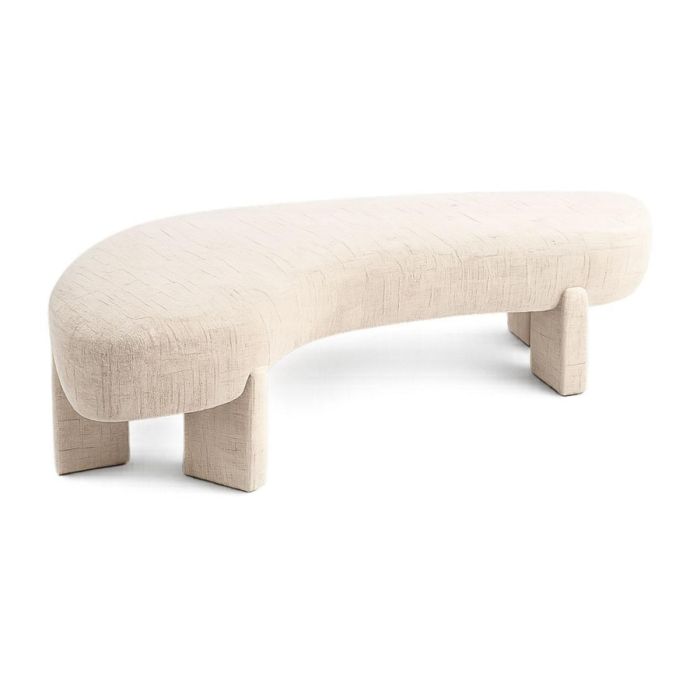 Beige bankje met golvende zitting en volledig gestoffeerde poten op lichte achtergrond