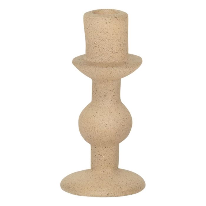 Bruine kandelaar met ronde vormen en gespikkelde structuur op lichte achtergrond