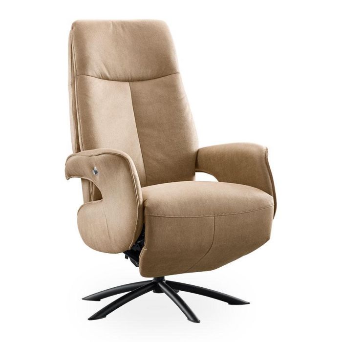 Relaxfauteuil Balfour in lichtbruin microleder met hoge rugleuning en zwarte metalen draaivoet.