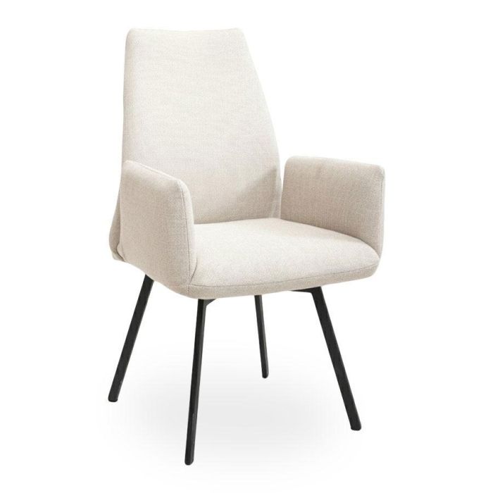 Beige eetkamerstoel Sintra met hoge rugleuning, armleuningen en zwarte stalen poten