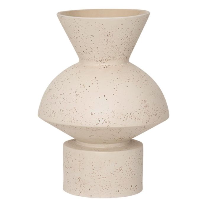 Witte vaas met brede ronde buik, smalle hals en gespikkeld oppervlak, frontaanzicht