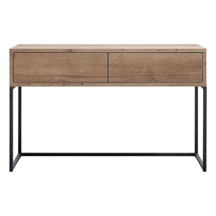 Sidetable donkerbruin met twee lades en zwart metalen frame tegen witte achtergrond