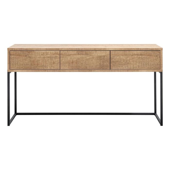 Bruine sidetable met drie laden en zwart metalen frame op witte achtergrond