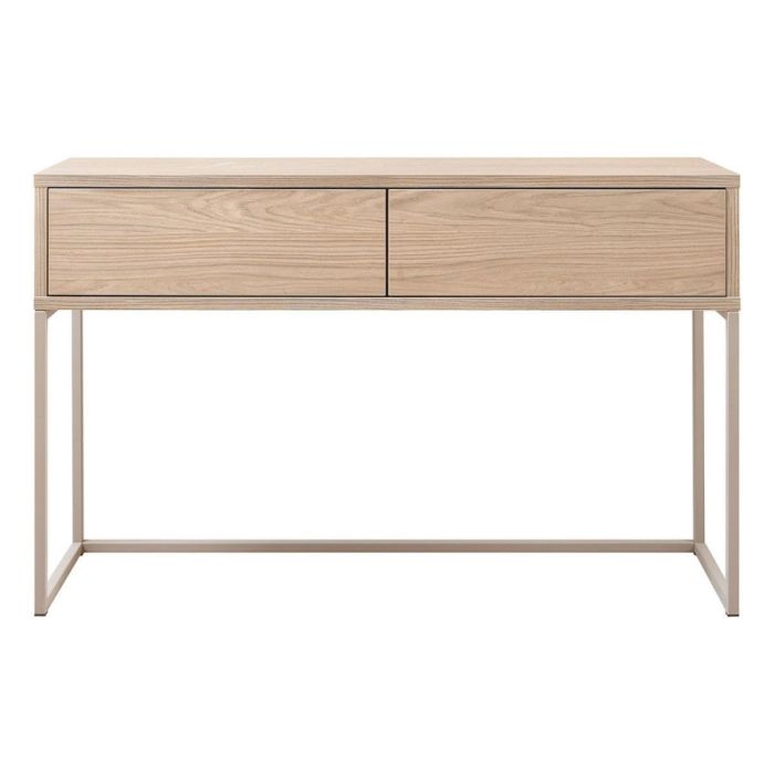 Sidetable Parete lichtbruin met twee greeploze laden en slank metalen frame op witte achtergrond