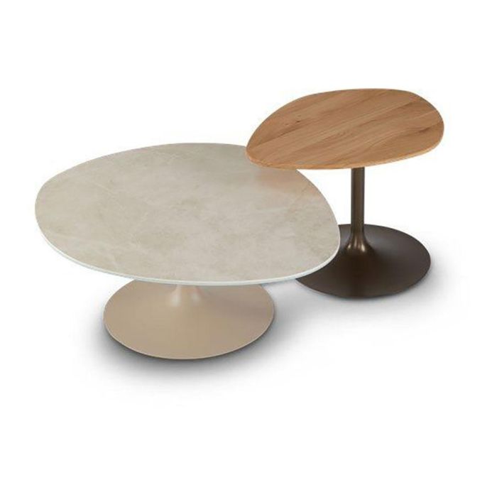 Salontafel Jakarta met organisch gevormd blad en licht aluminium onderstel