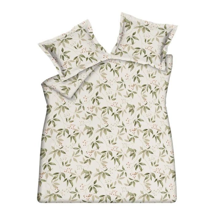 Dekbedovertrek Mosswood cream tan met botanisch patroon van groene bladeren en besjes