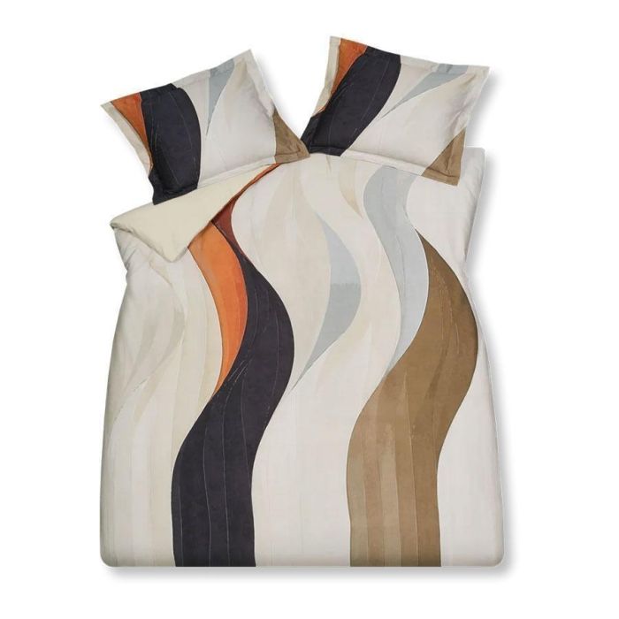 Curva dekbedovertrek cream tan met golvende lijnen in naturel en oranje tinten
