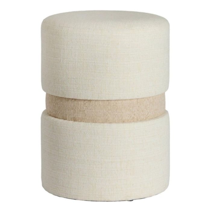 Ronde Novira poef in beige-crème met subtiele middenband en geweven stof