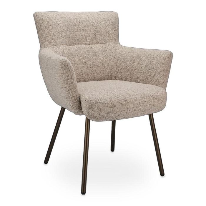 Eetkamerstoel Velar met armleuningen in beige bouclé stof en metalen poten in anodic brown