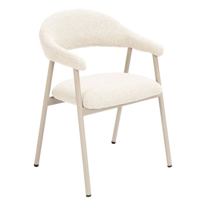 Armstoel Dioso in ecru bouclé met taupekleurig metalen frame schuin van voren