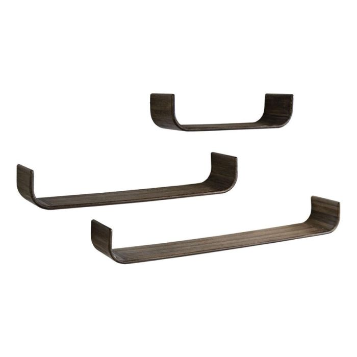 Set van drie U-vormige wandplanken Maya van teakhout in een warme espresso kleur.