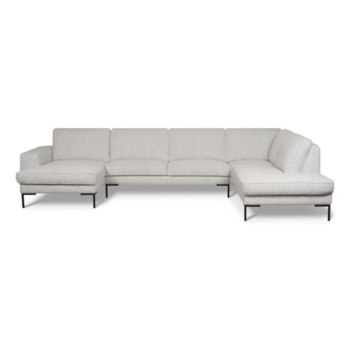 Montèl Brooklyn hoekbank in lichte chenille stof met dubbele chaise longue en zwarte poten