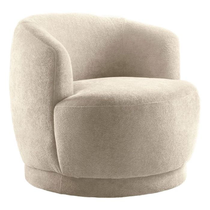 Draaifauteuil Fiumi in naturel stof met ronde armleuningen en zachte vormen schuin van voren gefotografeerd