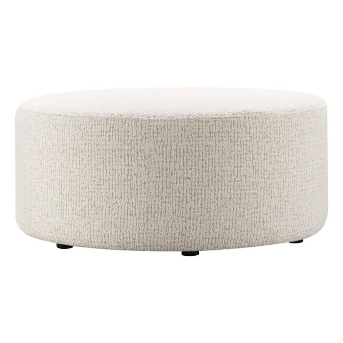Ronde INHOUSE hocker Lurnio in champagnekleurige geweven stof, frontaal gefotografeerd met zachte afgeronde vormgeving.