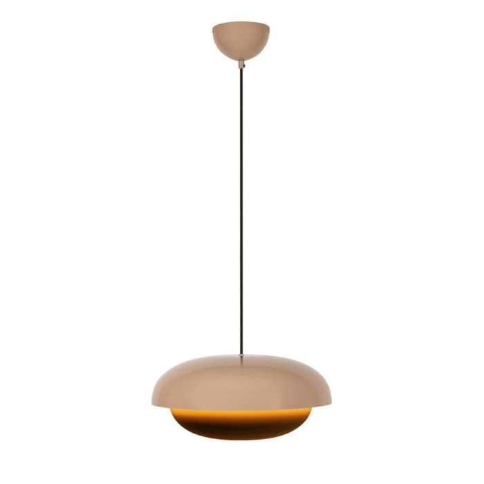 Lucide hanglamp Younes Taupe met ronde metalen kap en warm lichteffect tegen witte achtergrond