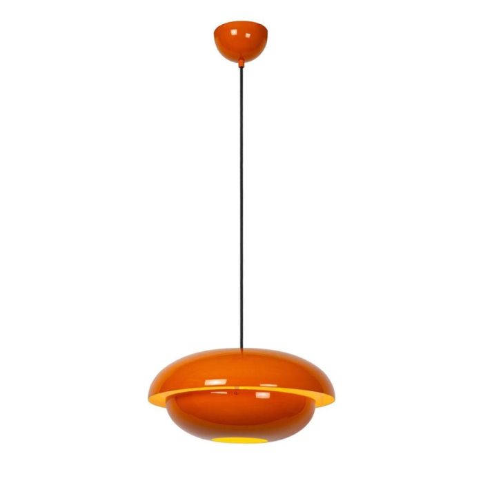 Oranje Lucide hanglamp Younes met ronde metalen kap en zwarte kabel