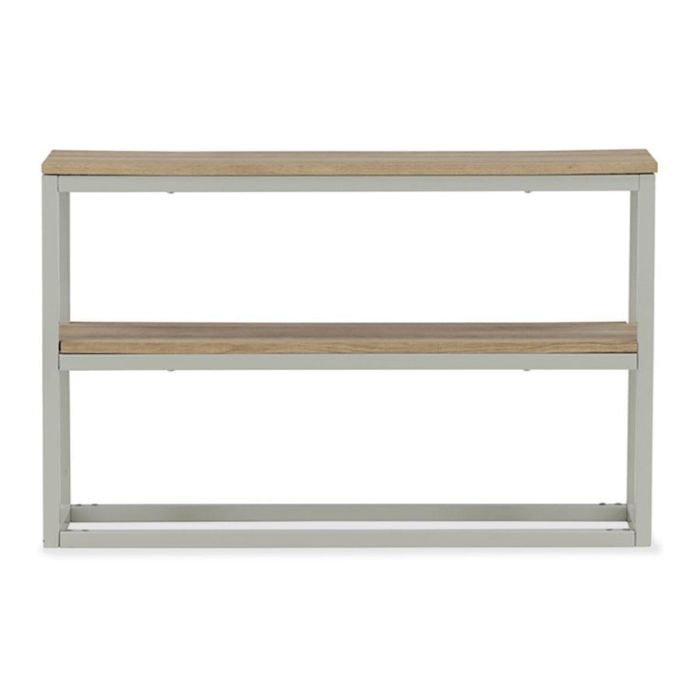 Moderne sidetable Rise met witte metalen poten en twee houtlook planken.