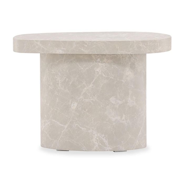 Organische bijzettafel Båstad met lichtgrijze betonlook en cilindervormig onderstel.