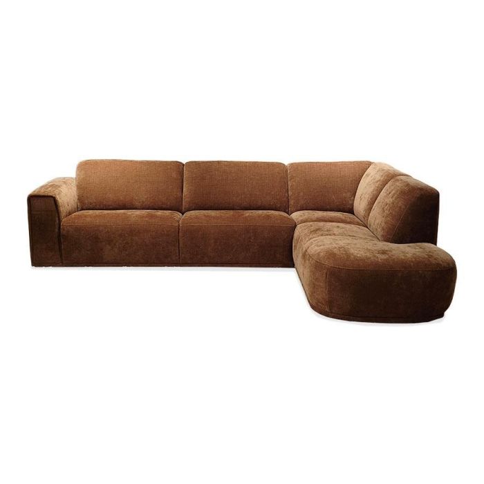 Elementenbank Alwick in warme bruine stof met royale hoekopstelling en afgeronde chaise longue