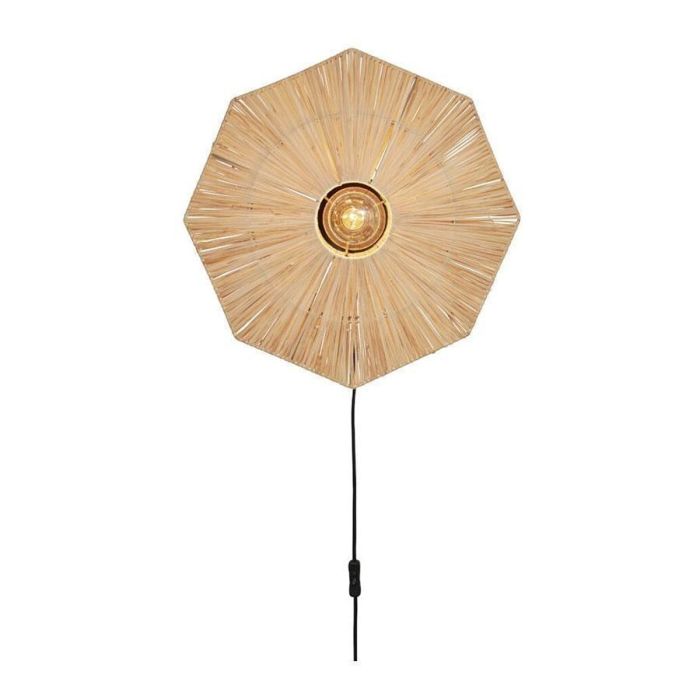 Panama wandlamp naturel van Good&Mojo met handgevlochten raffia kap en zwarte kabel