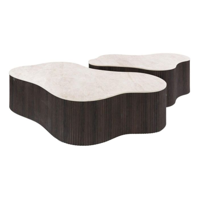 Salontafel Ceramo Grande set van 2 met organische vorm, licht keramisch blad en donker ribbelonderstel