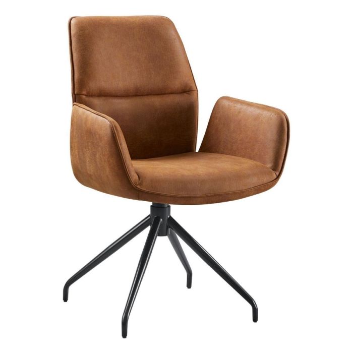 camelkleurige Gavio armstoel van microleder met armleuningen, hoge rugleuning en zwart metalen draaibare kruispoot