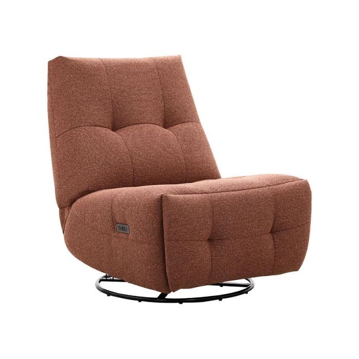 Relaxfauteuil Redan in roestkleurige weefstof met elektrische verstelling, geïntegreerde voetensteun en zwarte ronde draaivoet.