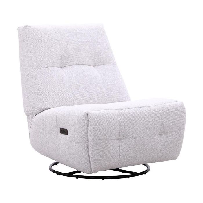 Relaxfauteuil Redan in lichte taupekleurige weefstof met elektrische verstelling, zwarte ronde draaivoet en decoratieve sierstiksels.