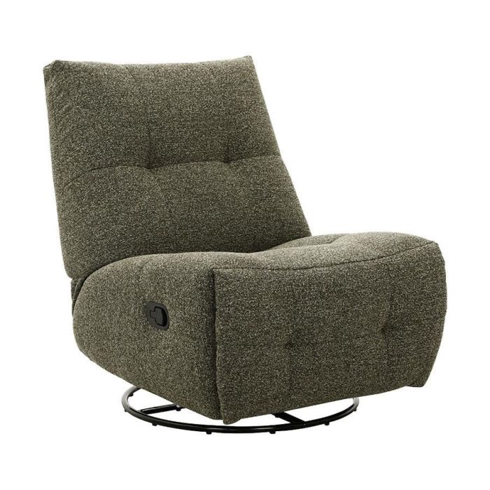 Relaxfauteuil Redan in groene weefstof met handmatige verstelling, zwarte ronde draaivoet en decoratieve sierstiksels.