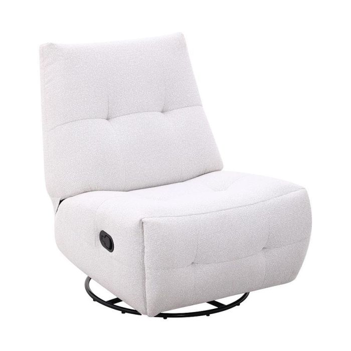 Relaxfauteuil Redan in lichte weefstof met handmatige verstelling, zwarte ronde draaivoet en subtiele sierstiksels.