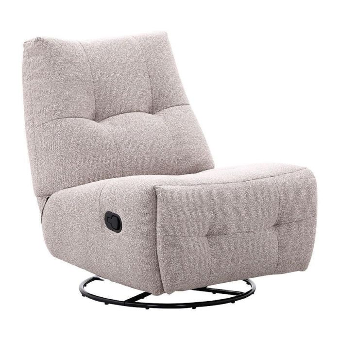 Relaxfauteuil Redan in beige weefstof met handmatige verstelling, zwarte ronde draaivoet en decoratieve sierstiksels.