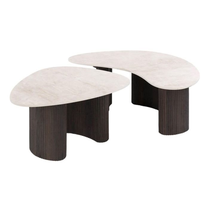 Salontafel Ceramo Organisch set van twee met lichte organische tafelbladen en donkerbruine onderstellen