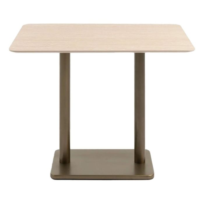 Rechthoekige COCOmaison Brest bartafel met travertinlook blad en goudkleurig metalen onderstel, vooraanzicht
