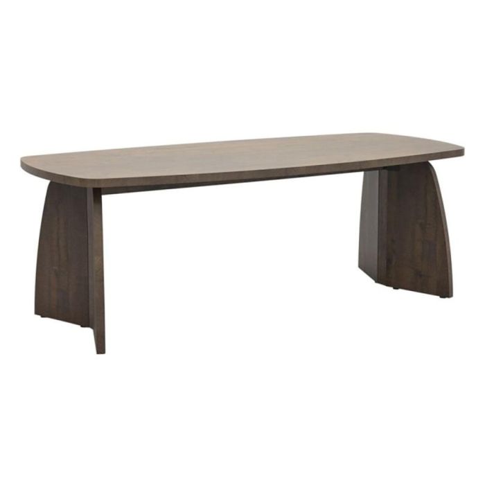 Eettafel Nesna in donkerbruine houtlook met Deens ovaal tafelblad en gebogen poten, schuin van voren gefotografeerd