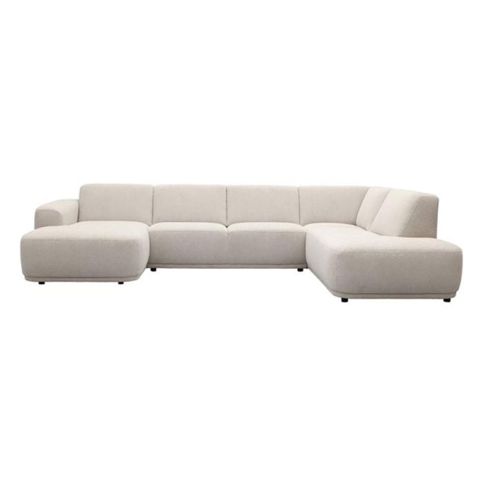 Hoekbank Falun in lichte stof met twee chaise longues en afgeronde vormen op een witte achtergrond