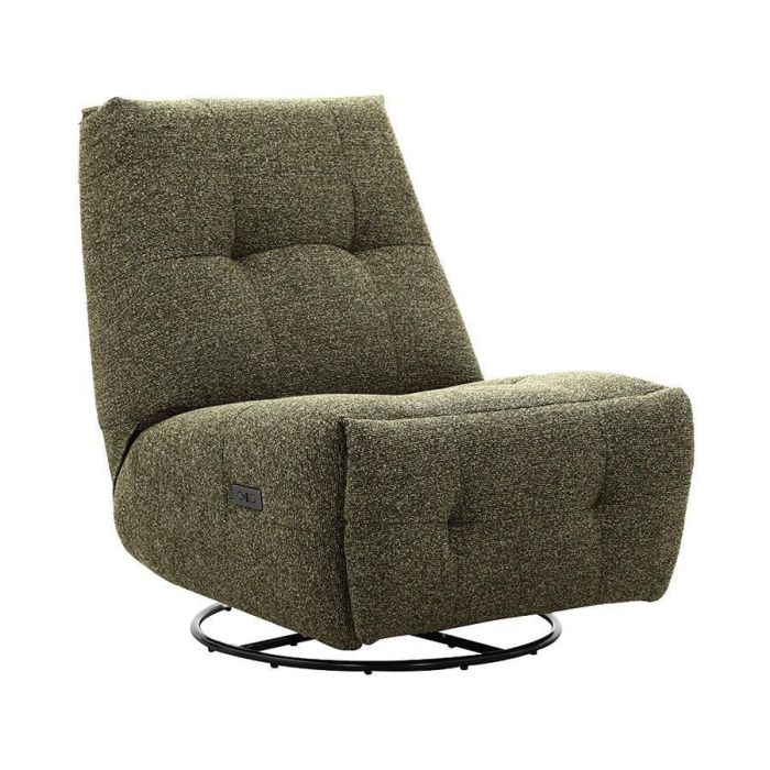 Relaxfauteuil Redan in groene weefstof met zwarte ronde draaivoet en elektrische verstelbare voetensteun ingeklapt.