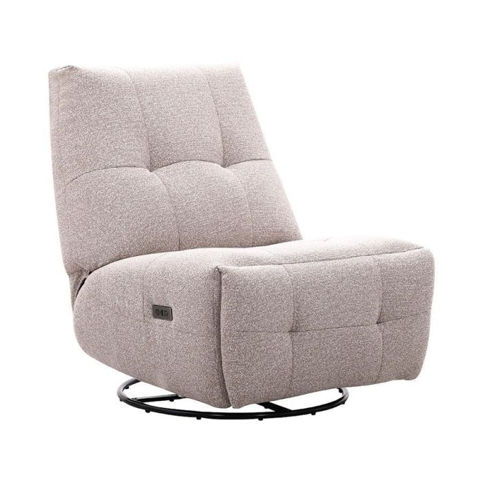 Beige elektrisch verstelbare relaxfauteuil Redan met zwarte ronde draaivoet, sierstiksels en voetensteun ingeklapt.