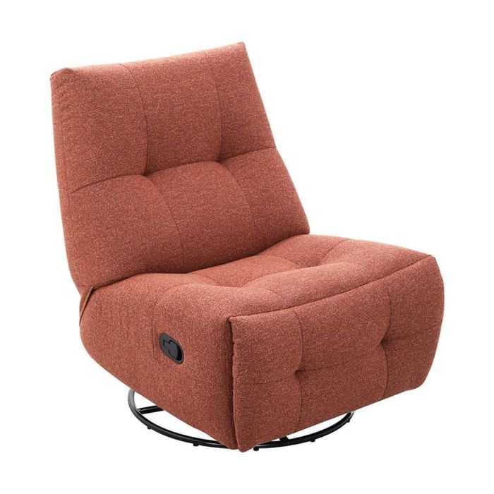 Relaxfauteuil Redan in roestkleurige weefstof met zwarte ronde draaivoet en manuele verstelbaarheid.
