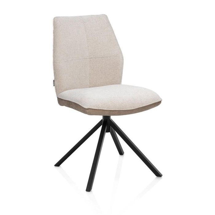 Eetkamerstoel Franky met beige Livigno chenillestof en Oregon microvezelstof, zwart metalen draaionderstel en comfortabele rugleuning, schuin van voren gefotografeerd.