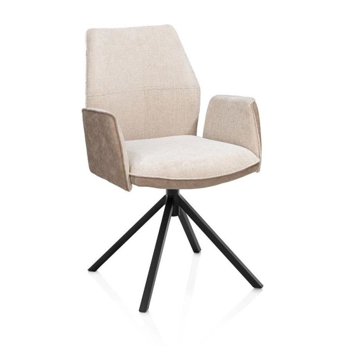 Armstoel Franky met beige Livigno chenillestof en Oregon microvezelstof, zwart metalen draaionderstel en armleuningen, schuin van voren gefotografeerd.