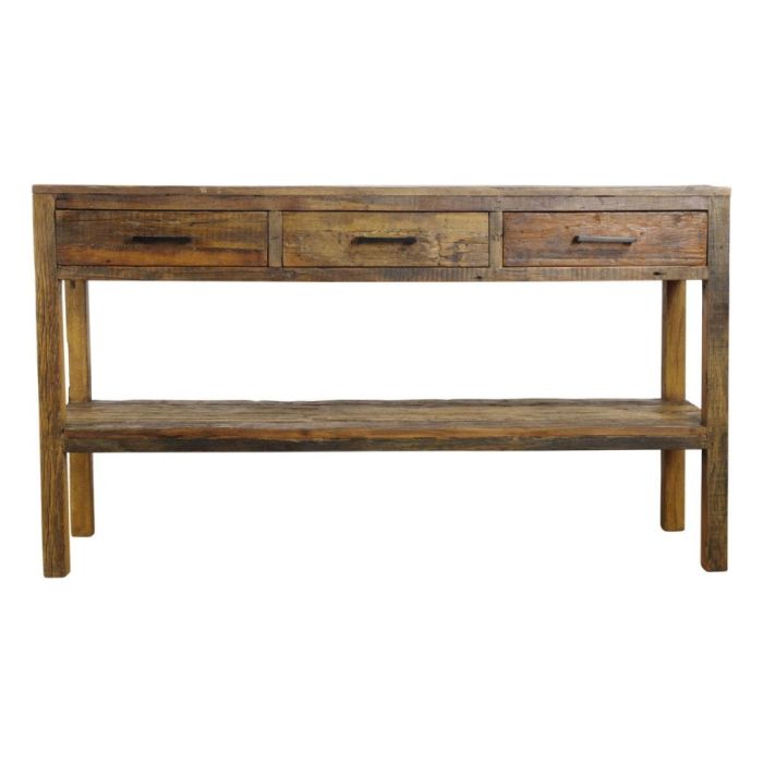 Sidetable Wilshire 150 cm van massief hout met drie laden en open onderblad.