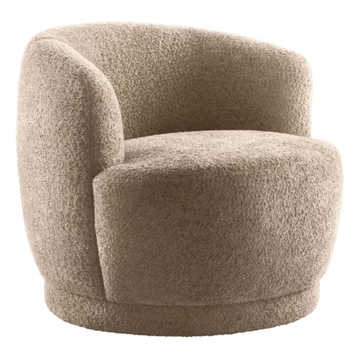 Draaifauteuil Fiumi in beige bouclé stof schuin van voren met ronde armleuningen en royale zitting