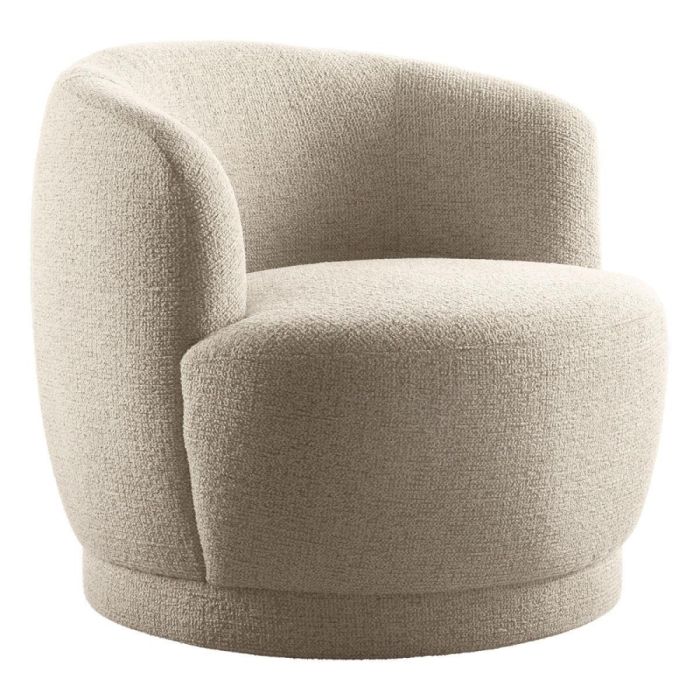 Draaifauteuil Fiumi in beige stof schuin van voren met afgeronde armleuningen en ronde zitting