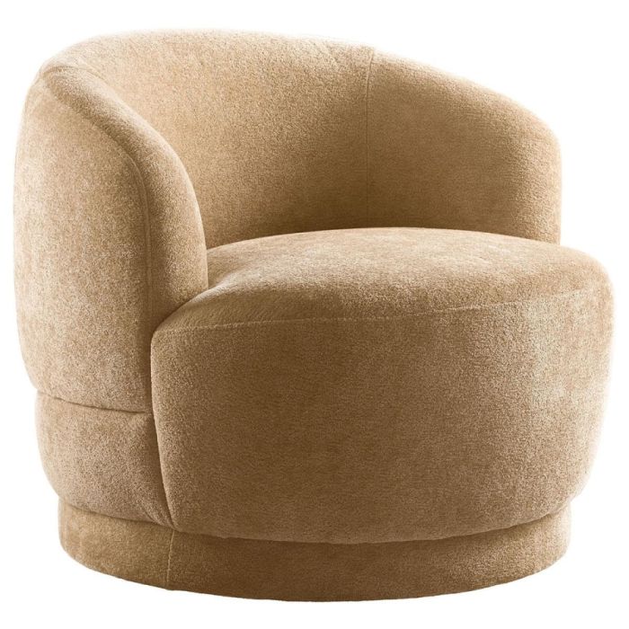 Draaifauteuil Tenna in camelkleurige stof schuin van voren gefotografeerd met ronde arm- en rugleuning
