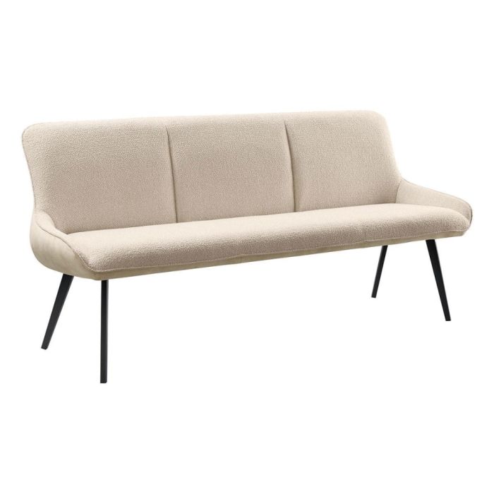 Eetkamerbank Ceno Linen-Naturel met lichte bekleding, afgeronde armleuningen en zwarte poten, schuin van voren gefotografeerd